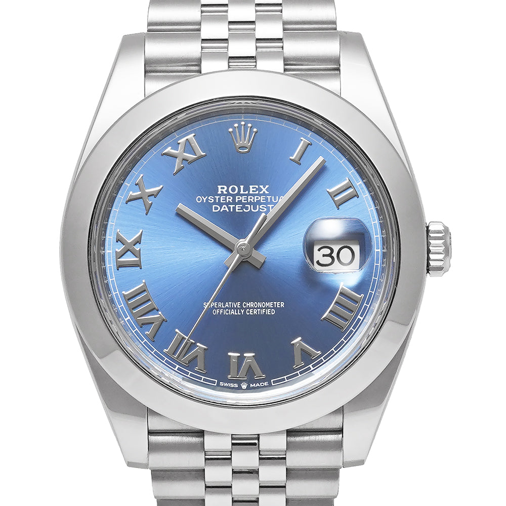 箱・2025年1月保証書付き ROLEX デイトジャスト 41 アズーロブルー ローマンインデックス Ref.126300 中古品 メンズ 腕時計 ロレックス デイトジャスト 41 アズーロブルー 箱・2025年1月保証書